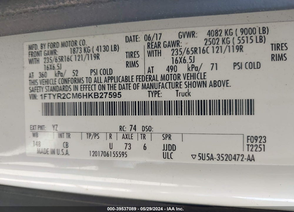 2017 FORD TRANSIT-250 VIN: 1FTYR2CM6HKB27595
