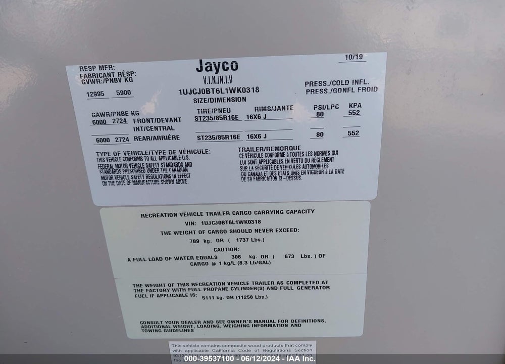 2020 JAYCO EAGLE VIN: 1UJCJ0BT6L1WK0318