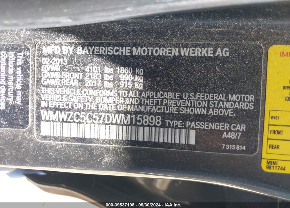 2013 MINI COUNTRYMAN COOPER S VIN: WMWZC5C57DWM15898