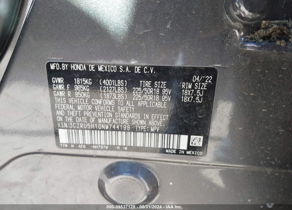 2022 HONDA HR-V 2WD SPORT VIN: 3CZRU5H10NM744198