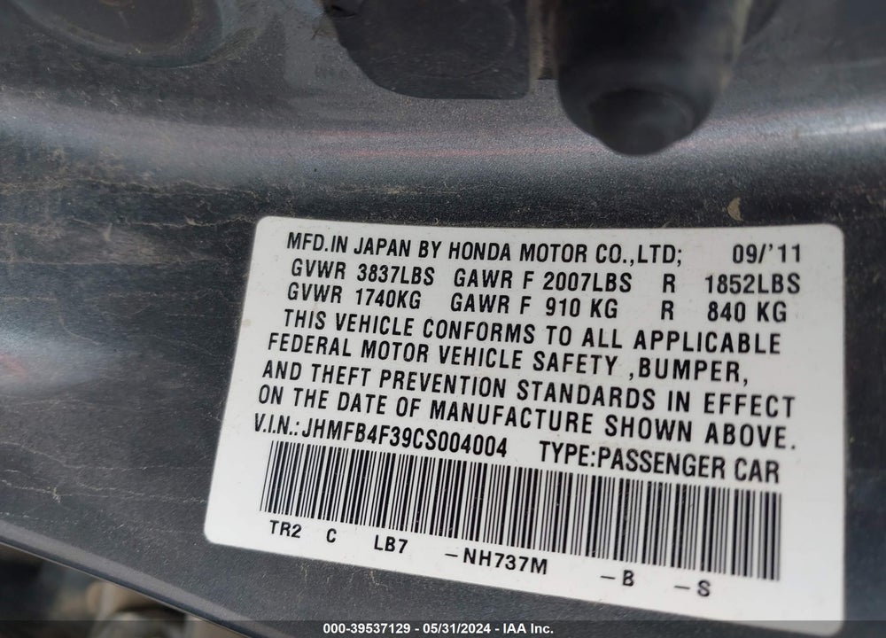 2012 HONDA CIVIC HYBRID VIN: JHMFB4F39CS004004