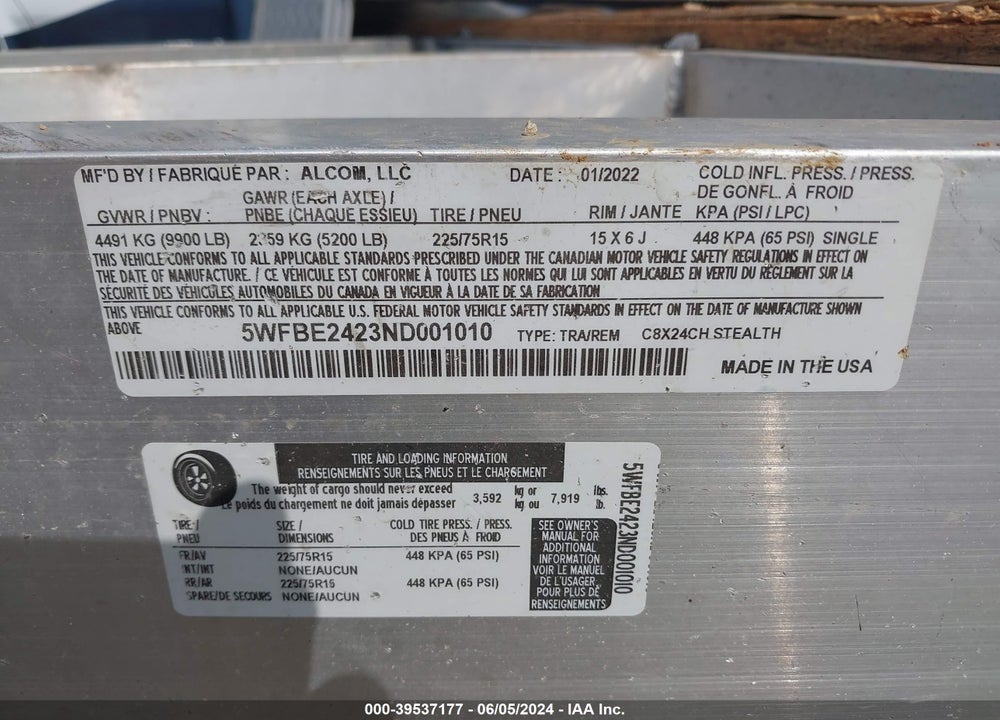 2022 UTILITY STEALTH  TRLR VIN: 5WFBE2423ND001010