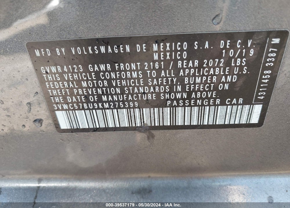 2019 VOLKSWAGEN JETTA 1.4T R-LINE/1.4T S/1.4T SE VIN: 3VWC57BU9KM275399