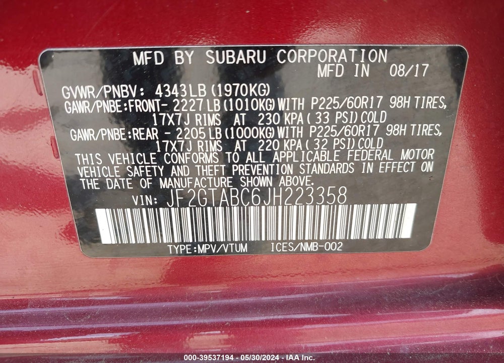 2018 SUBARU CROSSTREK 2.0I PREMIUM VIN: JF2GTABC6JH223358