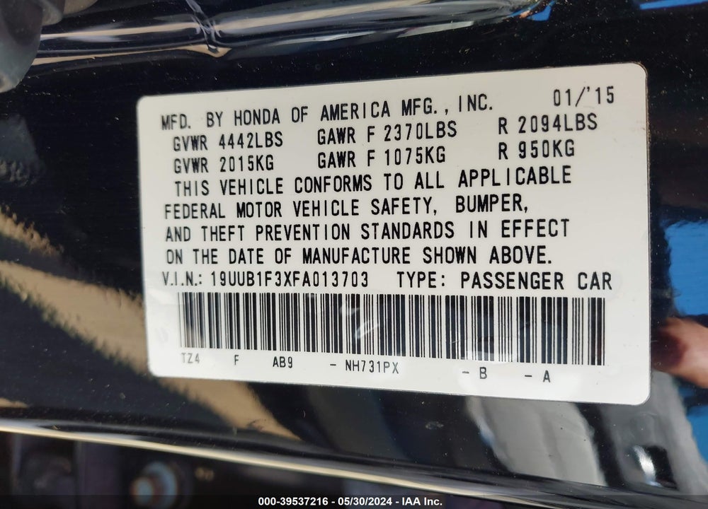 2015 ACURA TLX VIN: 19UUB1F3XFA013703
