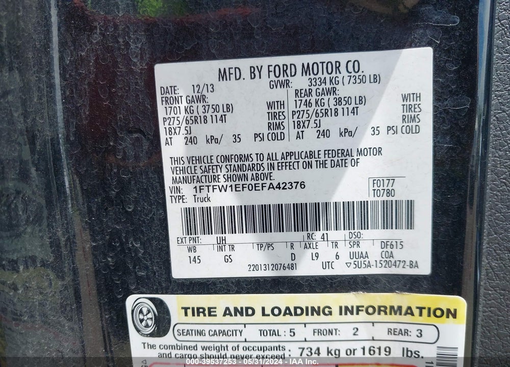 2014 FORD F-150 XLT VIN: 1FTFW1EF0EFA42376