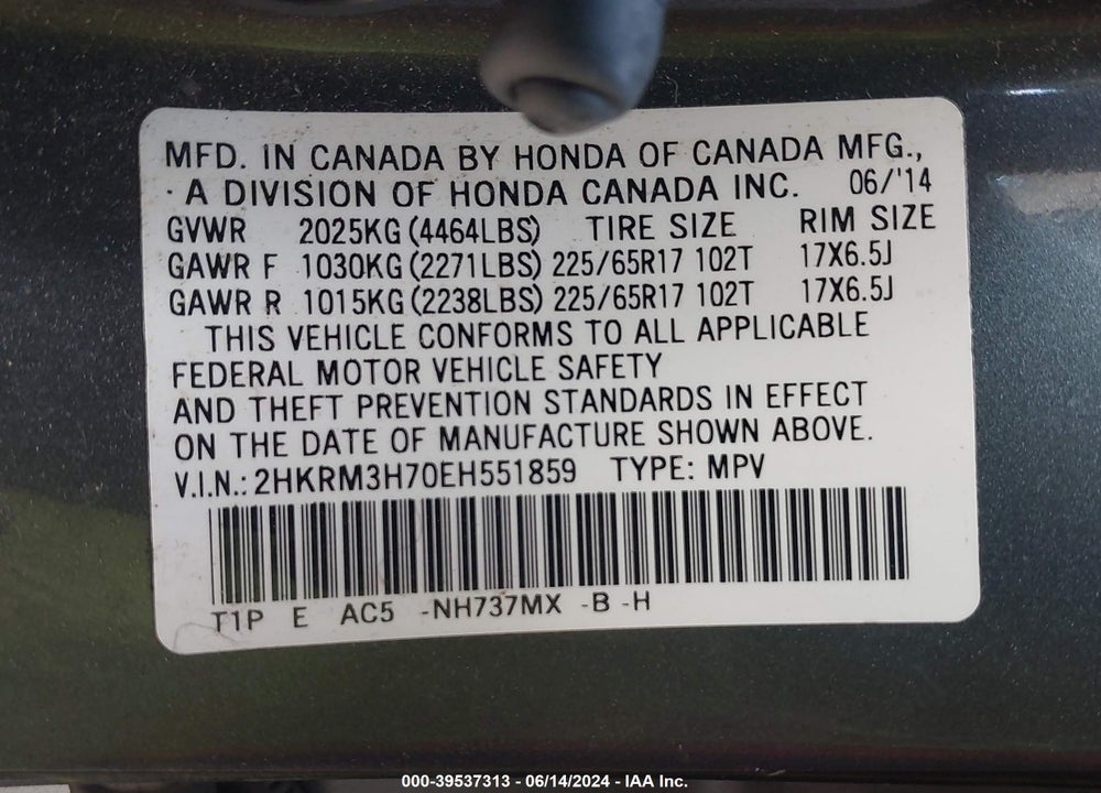 2014 HONDA CR-V EX-L VIN: 2HKRM3H70EH551859