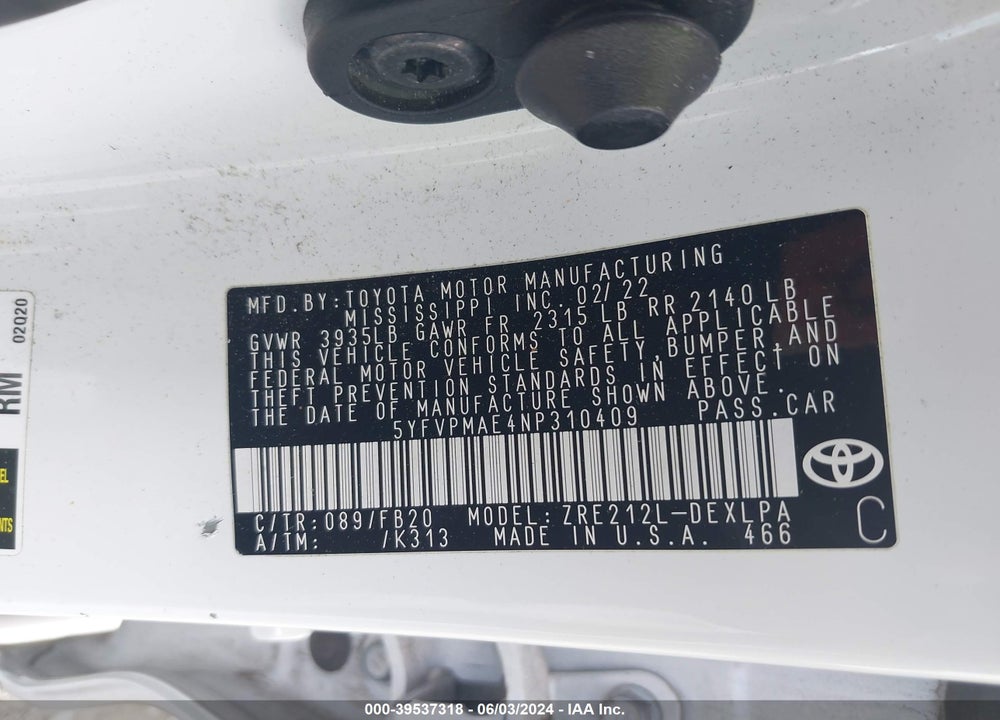 2022 TOYOTA COROLLA LE VIN: 5YFVPMAE4NP310409