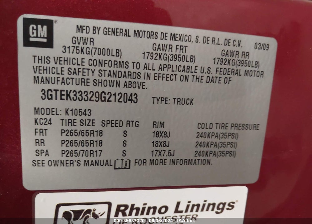2009 GMC SIERRA 1500 SLT VIN: 3GTEK33329G212043