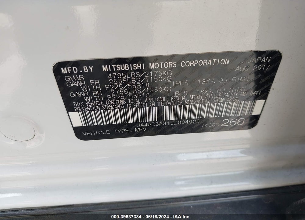 2018 MITSUBISHI OUTLANDER SE VIN: JA4AD3A31JZ004925