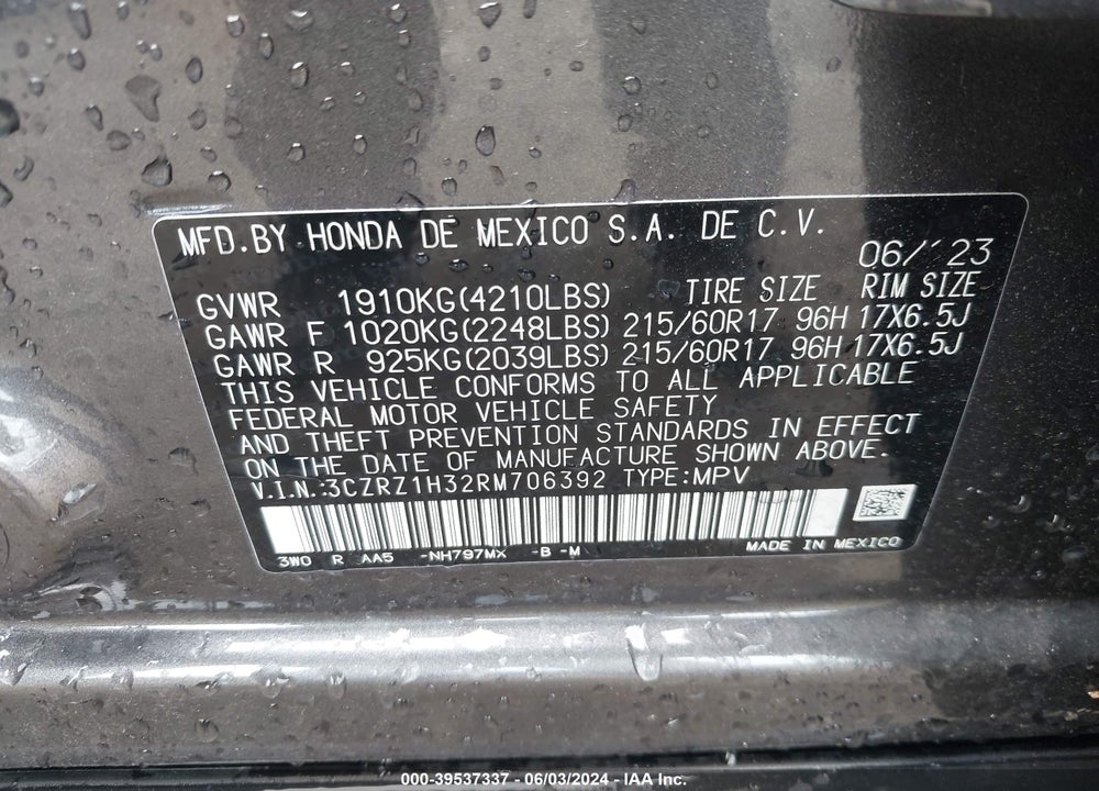2024 HONDA HR-V 2WD LX VIN: 3CZRZ1H32RM706392