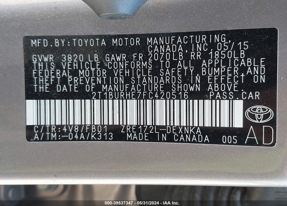 2015 TOYOTA COROLLA LE VIN: 2T1BURHE7FC420516