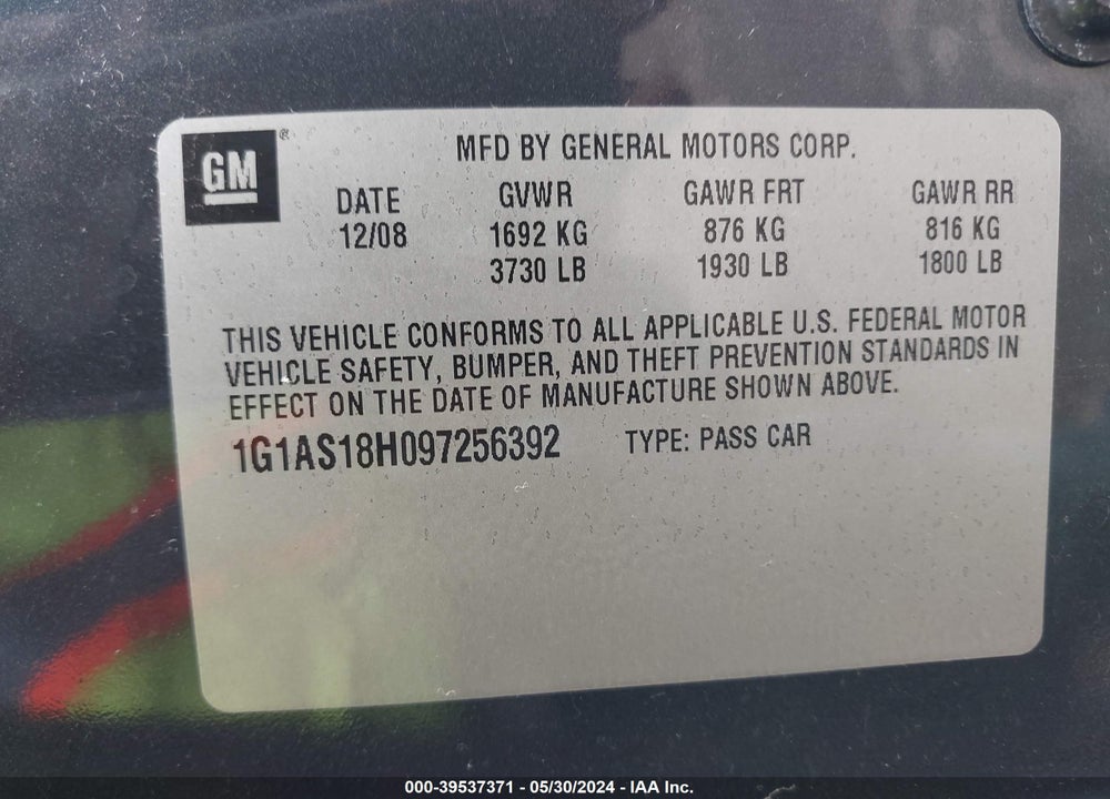 2009 CHEVROLET COBALT VIN: 1G1AS18H097256392