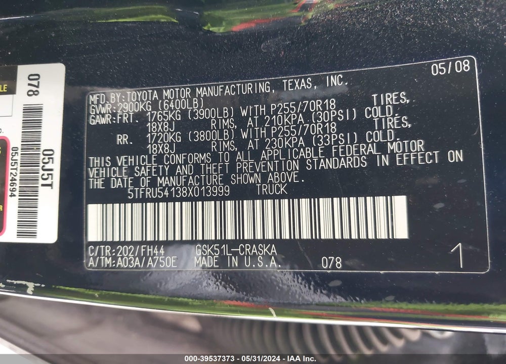 2008 TOYOTA TUNDRA BASE V6 VIN: 5TFRU54138X013999