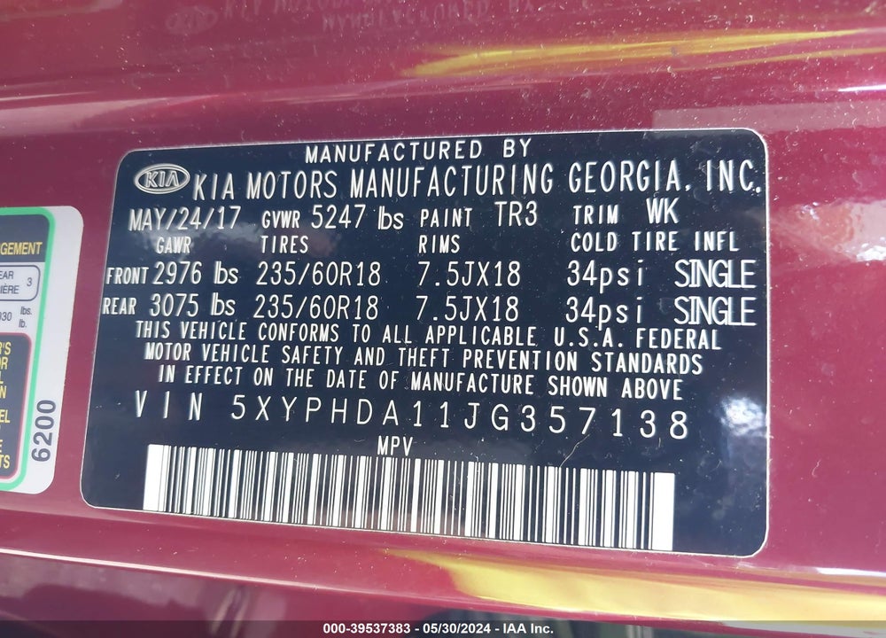 2018 KIA SORENTO 2.0T EX VIN: 5XYPHDA11JG357138
