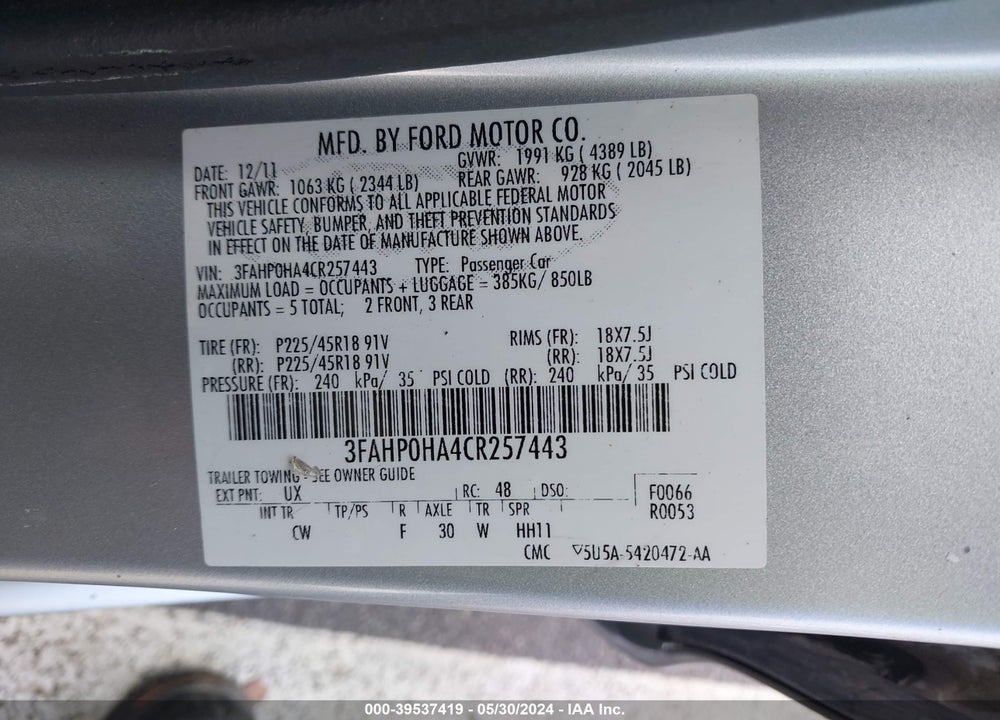 2012 FORD FUSION SE VIN: 3FAHP0HA4CR257443