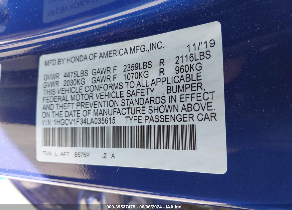 2020 HONDA ACCORD SPORT VIN: 1HGCV1F34LA035615