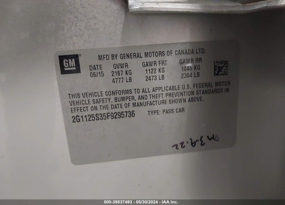 2015 CHEVROLET IMPALA VIN: 2G1125S35F9295736