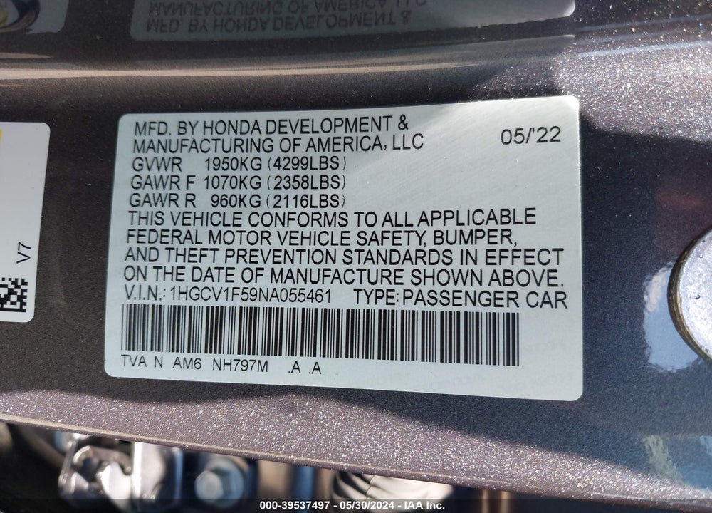 2022 HONDA ACCORD EX-L VIN: 1HGCV1F59NA055461
