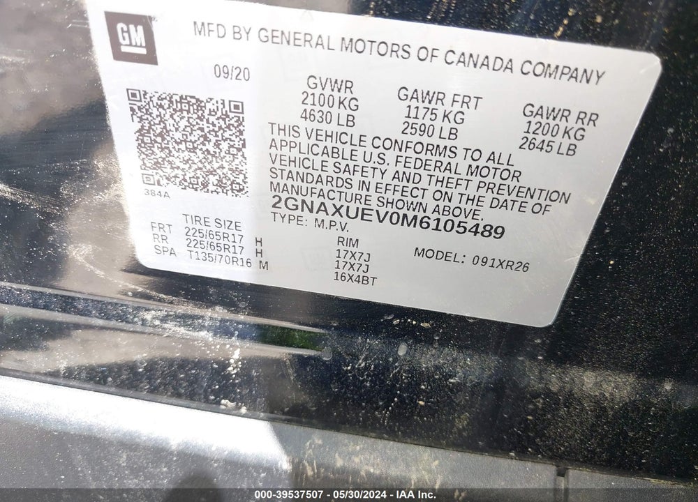 2021 CHEVROLET EQUINOX AWD LT VIN: 2GNAXUEV0M6105489