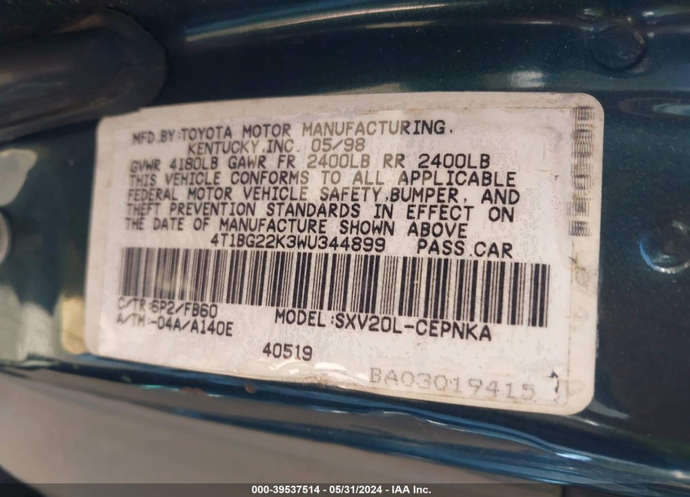 1998 TOYOTA CAMRY LE VIN: 4T1BG22K3WU344899