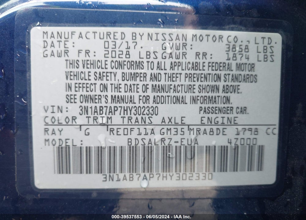 2017 NISSAN SENTRA SR VIN: 3N1AB7AP7HY302330