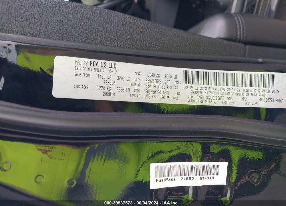 2018 DODGE DURANGO VIN: 1C4RDJDG7JC115655