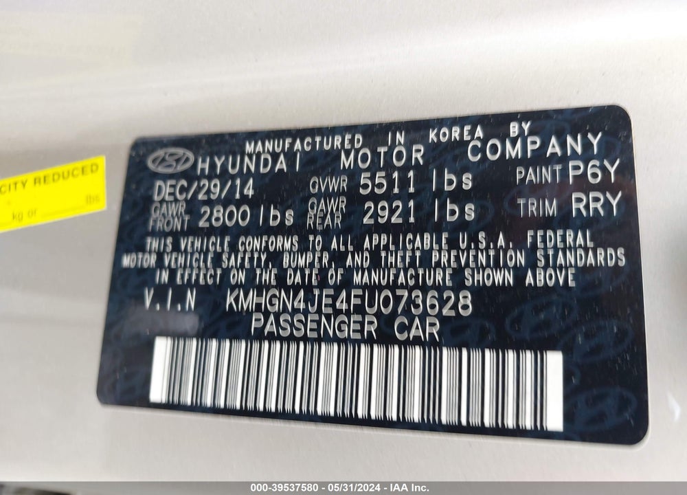 2015 HYUNDAI GENESIS 3.8 VIN: KMHGN4JE4FU073628