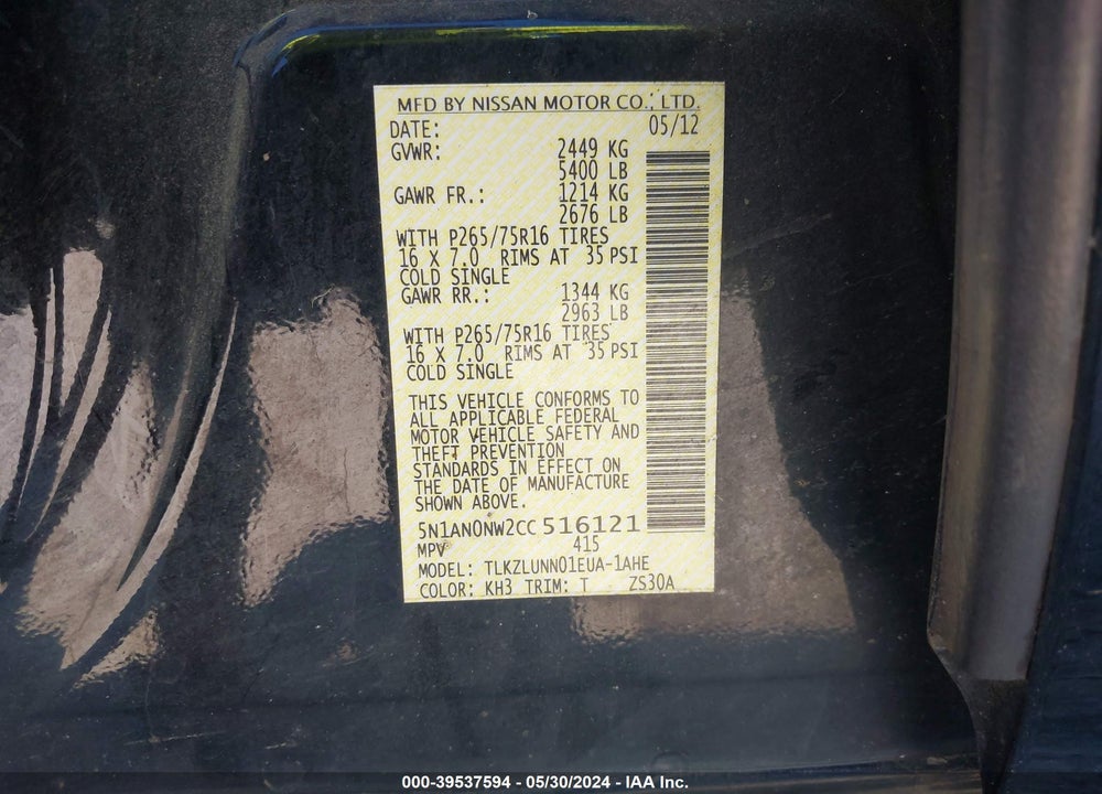 2012 NISSAN XTERRA PRO - 4X VIN: 5N1AN0NW2CC516121