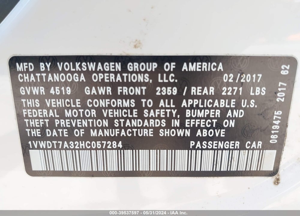 2017 VOLKSWAGEN PASSAT 1.8T R-LINE VIN: 1VWDT7A32HC057284