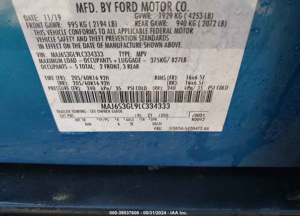 2020 FORD ECOSPORT SE VIN: MAJ6S3GL9LC334333