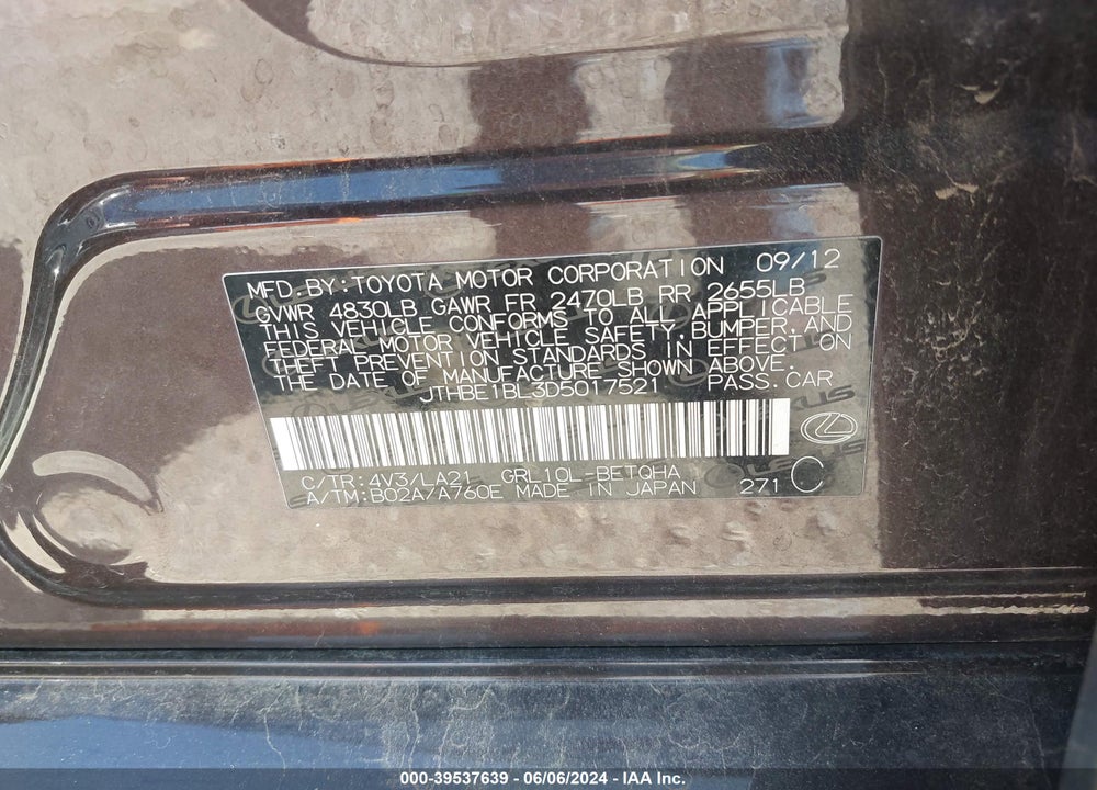 2013 LEXUS GS 350 VIN: JTHBE1BL3D5017521