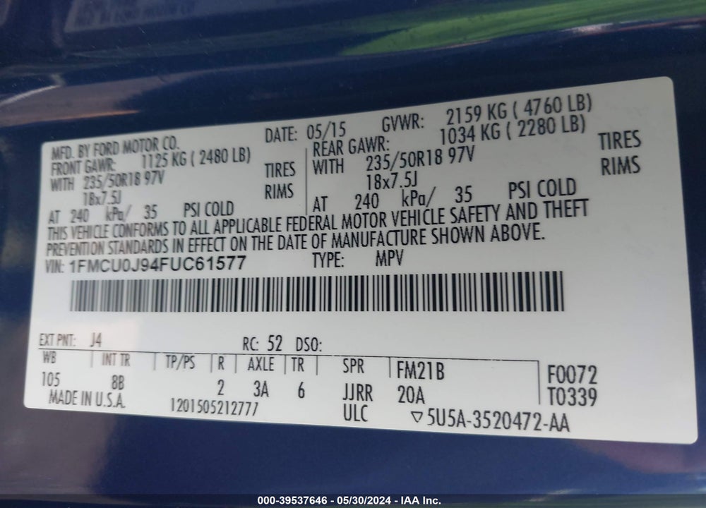 2015 FORD ESCAPE TITANIUM VIN: 1FMCU0J94FUC61577
