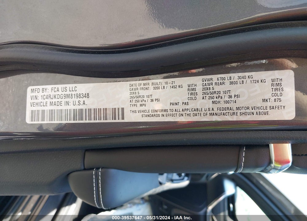 2021 JEEP GRAND CHEROKEE L OVERLAND 4X4 VIN: 1C4RJKDG9M8198348