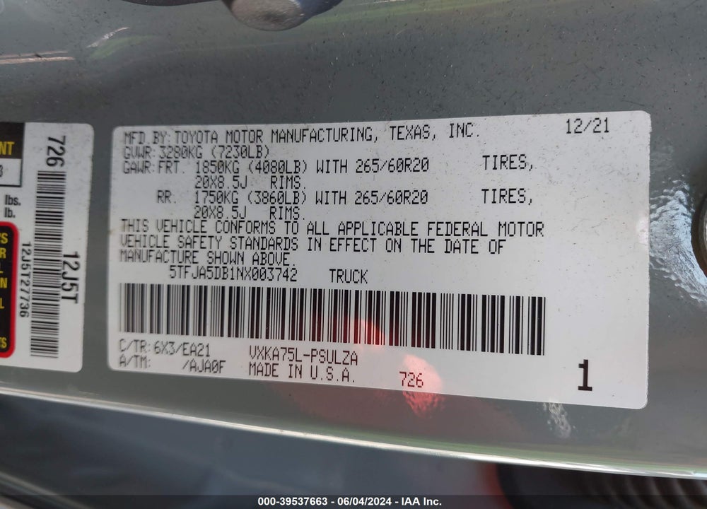 2022 TOYOTA TUNDRA LIMITED VIN: 5TFJA5DB1NX003742
