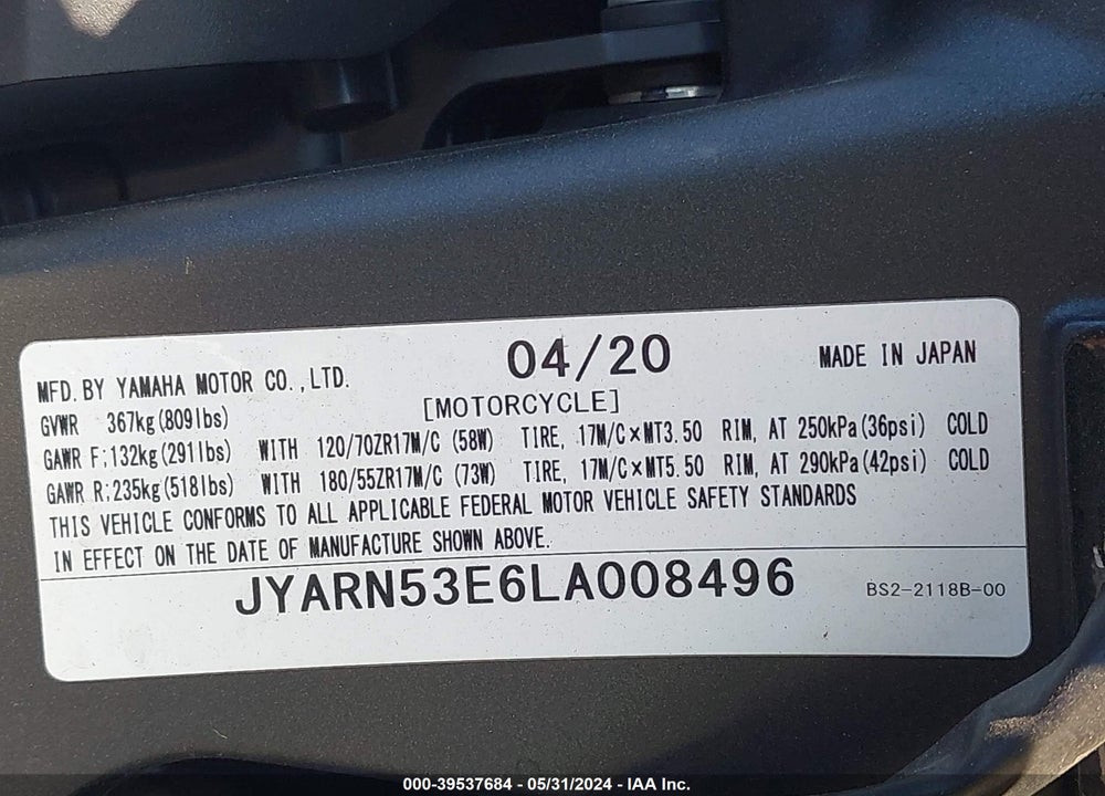2020 YAMAHA MT09 VIN: JYARN53E6LA008496