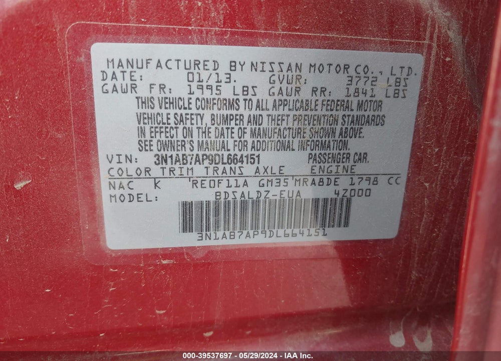 2013 NISSAN SENTRA VIN: 3N1AB7AP9DL664151