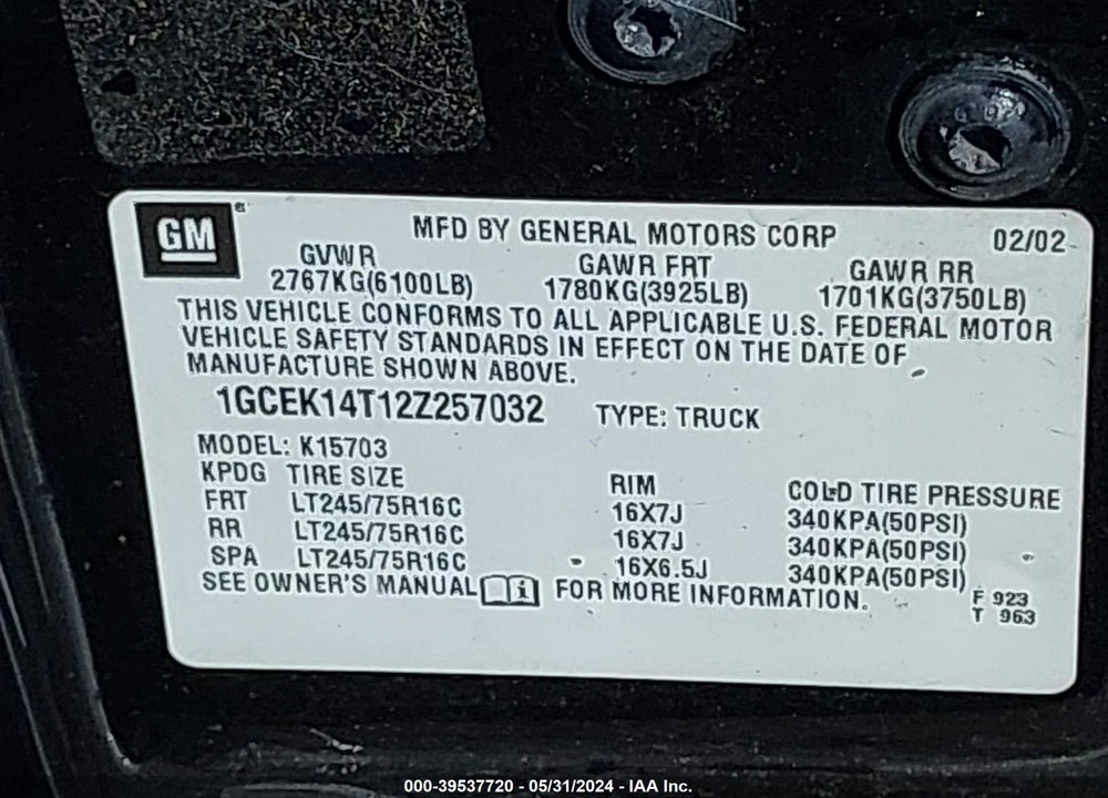 2002 CHEVROLET SILVERADO 1500 LS VIN: 1GCEK14T12Z257032