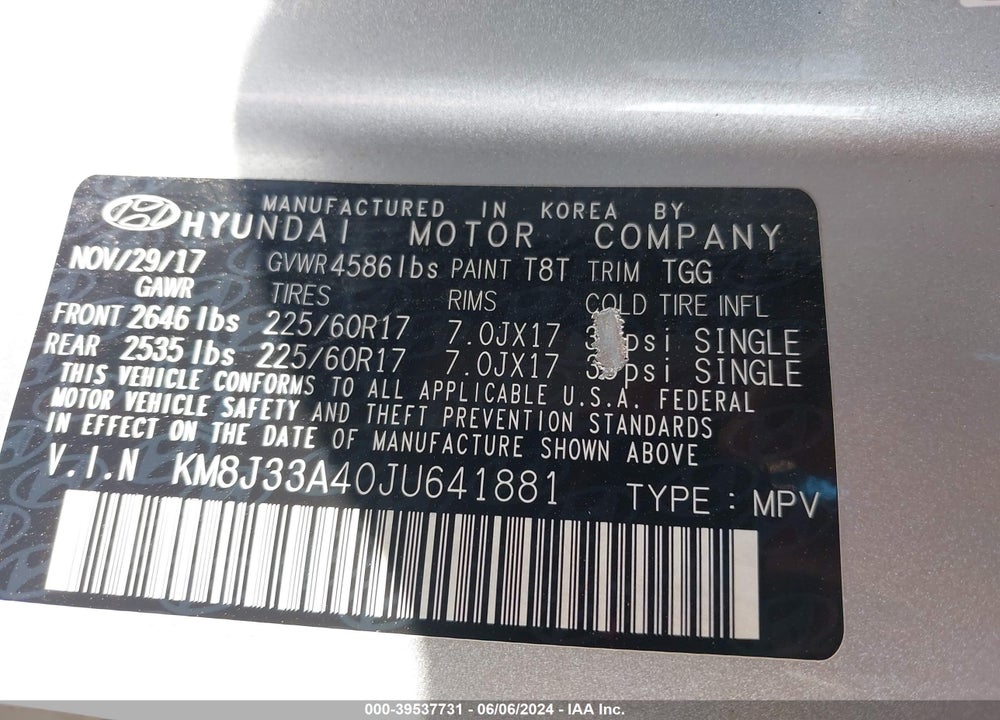 2018 HYUNDAI TUCSON SEL VIN: KM8J33A40JU641881