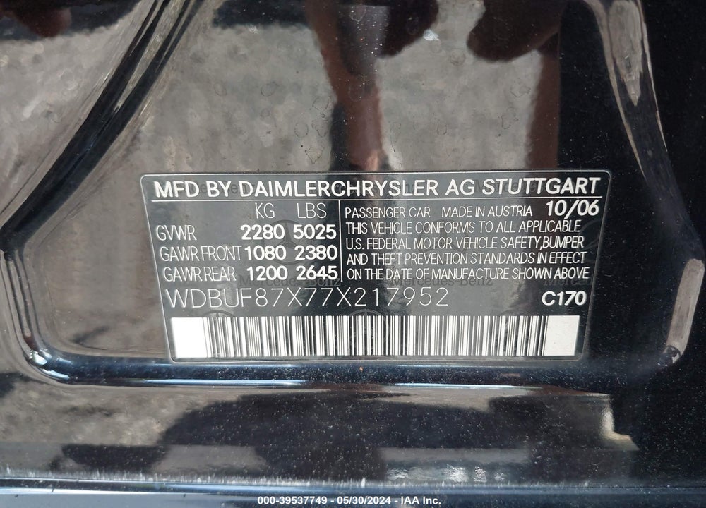 2007 MERCEDES-BENZ E 350 VIN: WDBUF87X77X217952