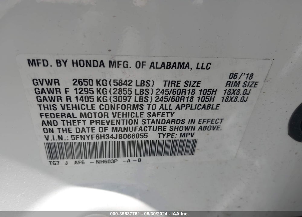 2018 HONDA PILOT EX VIN: 5FNYF6H34JB066055