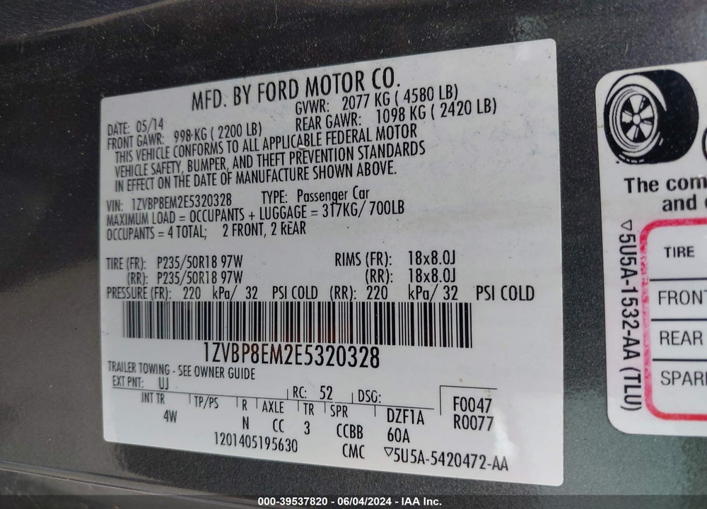 2014 FORD MUSTANG V6 PREMIUM VIN: 1ZVBP8EM2E5320328