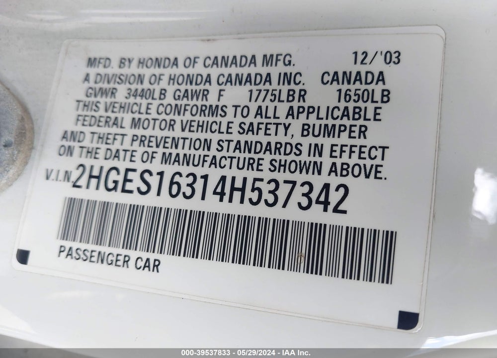 2004 HONDA CIVIC VP VIN: 2HGES16314H537342