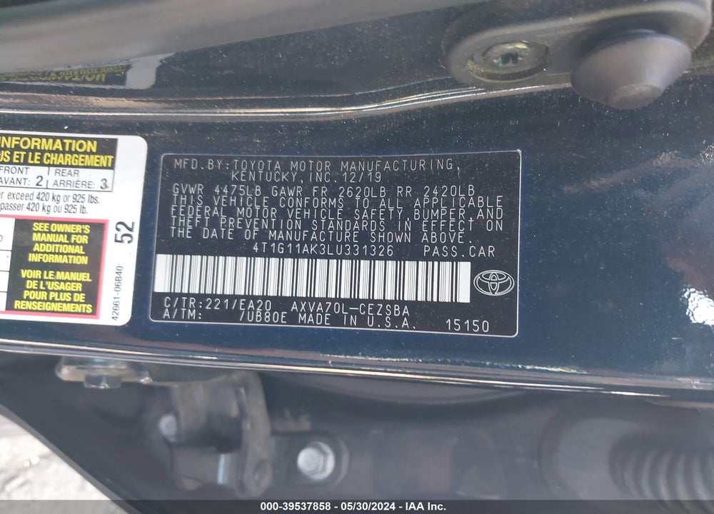 2020 TOYOTA CAMRY SE VIN: 4T1G11AK3LU331326
