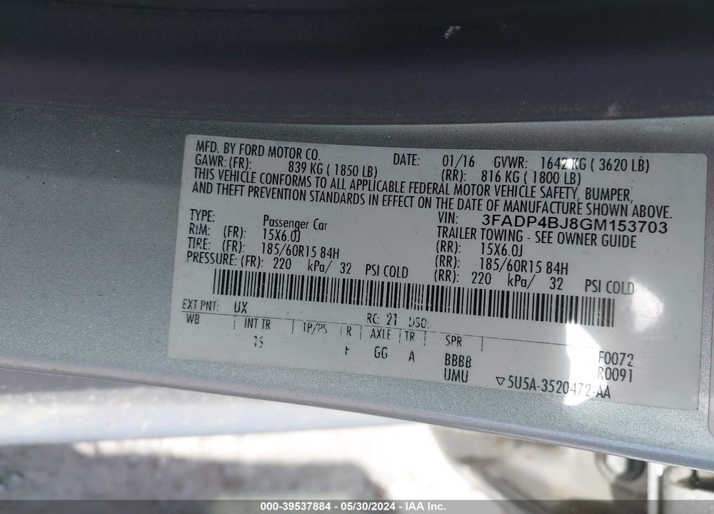 2016 FORD FIESTA SE VIN: 3FADP4BJ8GM153703