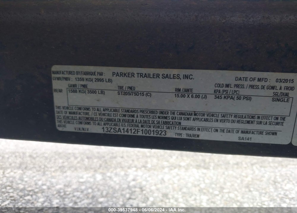 2015 TRAILER PARKER VIN: 13ZSA1412F1001923