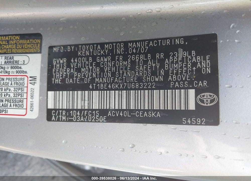 2007 TOYOTA CAMRY SE VIN: 4T1BE46KX7U683222