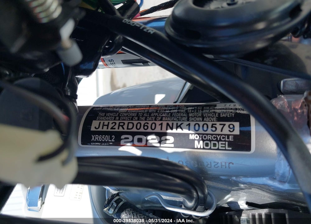 2022 HONDA XR650 L VIN: JH2RD0601NK100579