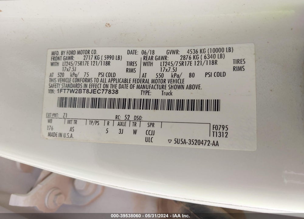 2018 FORD F-250 XL VIN: 1FT7W2BT8JEC77838
