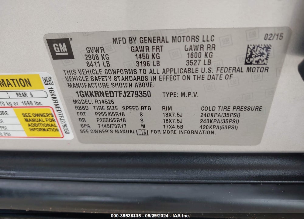 2015 GMC ACADIA VIN: 1GKKRNED7FJ279350